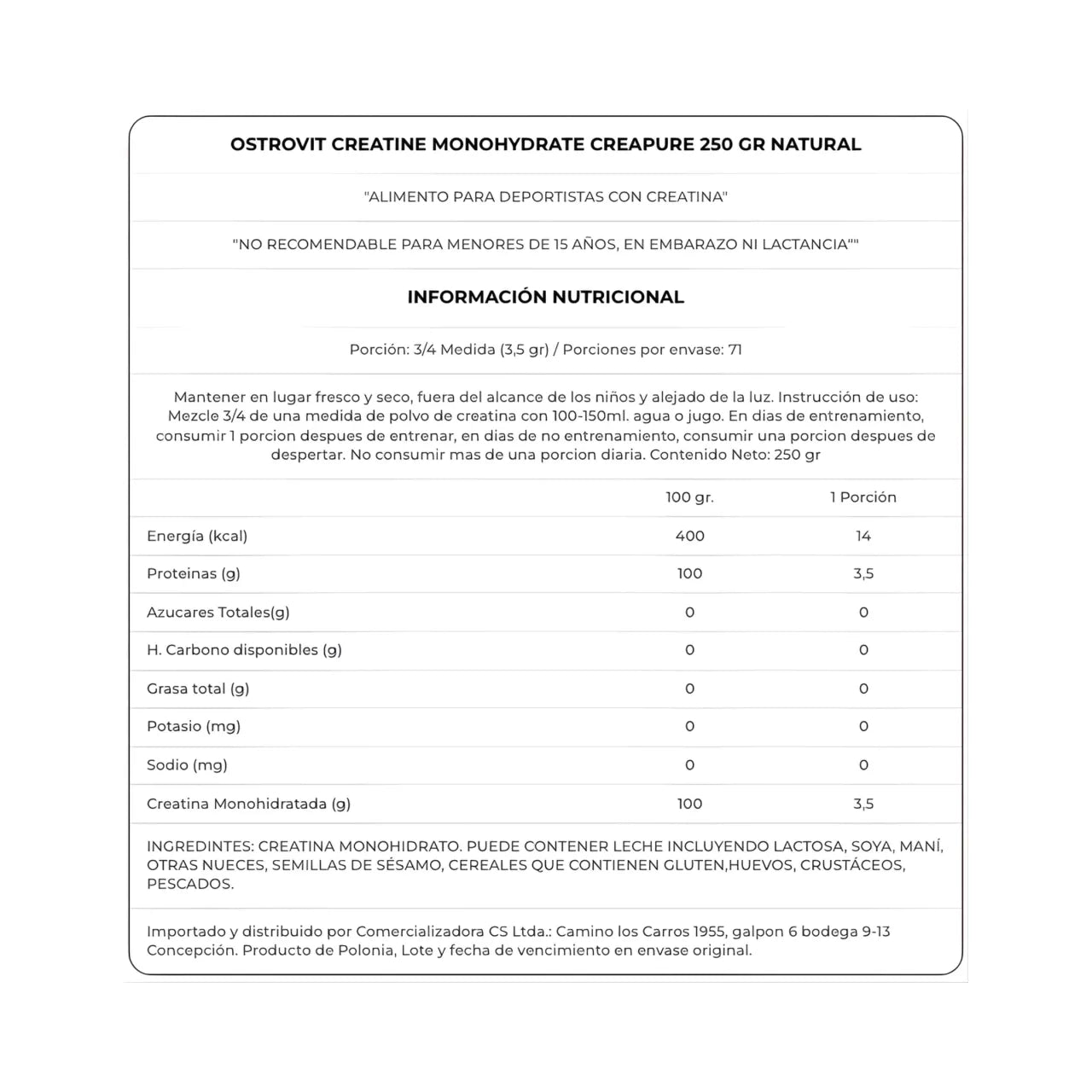 Creatina Monohidrato Creapure 250g Sin Sabor - OstroVit