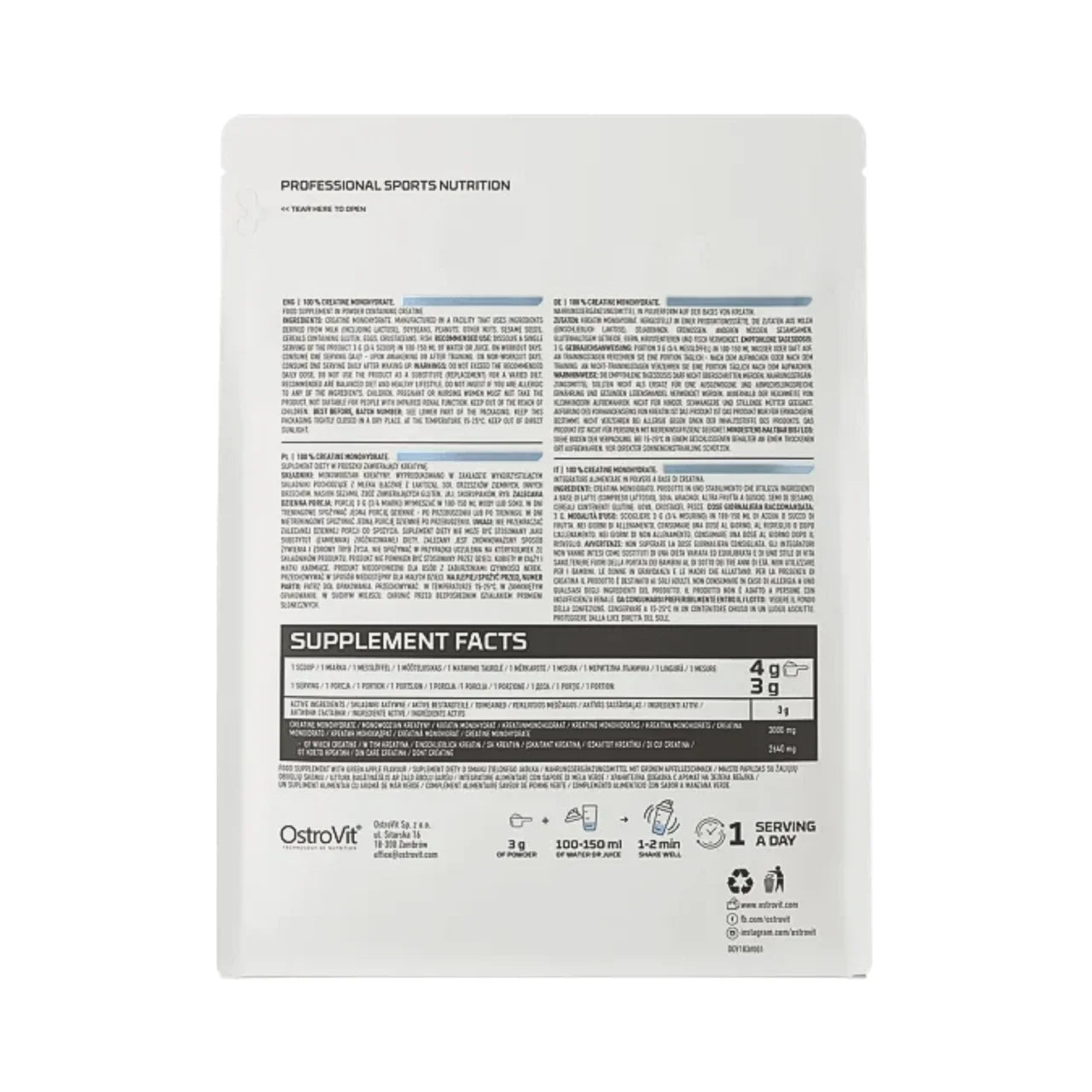 Creatina Monohidrato 300g Sin Sabor - OstroVit