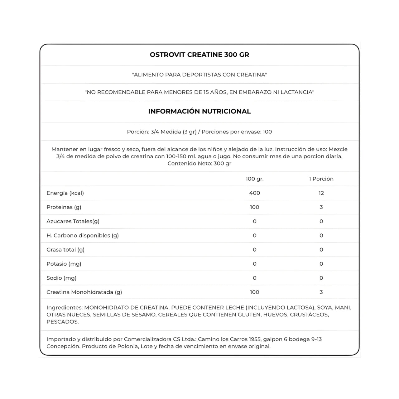 Creatina Monohidrato 300g Sin Sabor - OstroVit